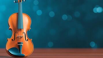 Close-up of a wooden violin on a wooden surface with a blurred blue bokeh background photo
