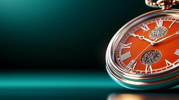Close-up of an ornate pocket watch with an orange dial resting on a teal surface, showcasing intricate details photo