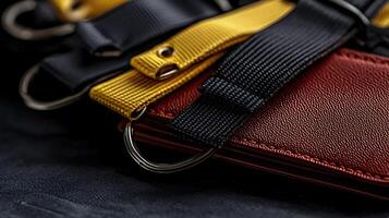 Close-up of colorful straps on a leather wallet, showcasing details and textures against a dark background photo