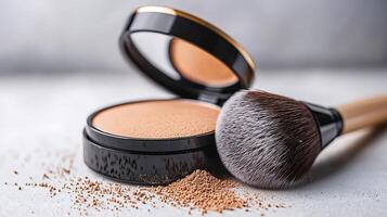 Close-up of an open powder compact with brush, showcasing makeup application on a smooth surface photo