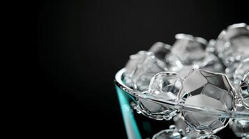 Close-up of crystal-clear ice cubes in a glass bowl against a dark background, highlighting texture photo