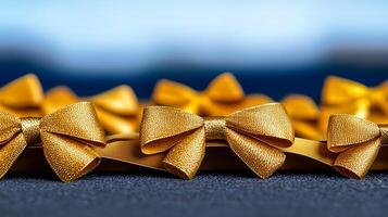 Close-up of elegant golden bows arranged in a row on a textured surface with a blurred background photo