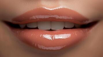 Close-up of glossy lips showcasing a natural smile against a soft blurred background photo