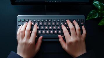 Close-up of hands typing on a sleek keyboard in a dimly lit workspace with greenery photo