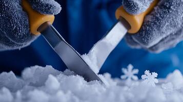 Close-up of hands using tools to carve snow, with snowflakes scattered on a blue background photo