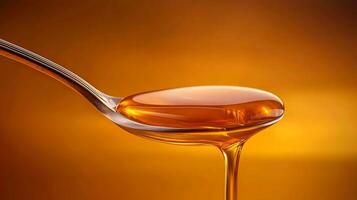 Close-up of honey dripping from a spoon against a warm, golden background, emphasizing texture photo