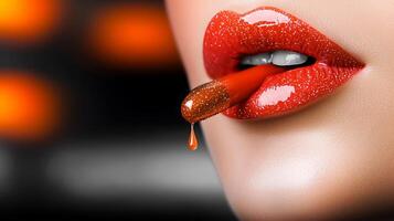 Close-up of glossy red lips holding a vibrant capsule, with a blurred warm background photo