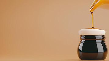 Close-up of honey being poured into a stylish jar against a warm, neutral background photo