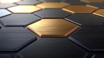Close-up of hexagonal metallic tiles showcasing a blend of gold and black textures, ideal for design photo