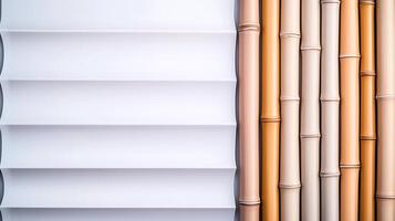 Close-up of modern window blinds showcasing a blend of materials and colors, with a neutral background photo
