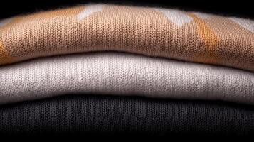 Close-up of neatly stacked cozy sweaters in neutral tones with a soft texture against a dark background photo