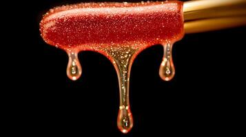 Close-up of shimmering red lip gloss dripping from a golden applicator against a black background photo