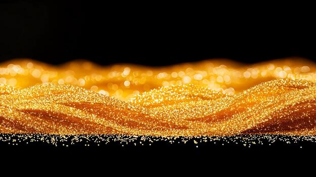 Close-up of shimmering golden waves with sparkling particles against a dark background photo