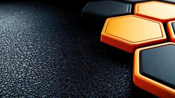 Close-up of textured black surface with orange and black hexagonal shapes creating a modern design photo