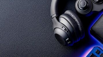 Close-up of sleek gaming headset and controller on textured surface with ambient lighting photo