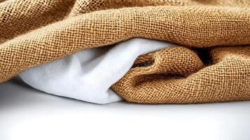 Close-up of textured burlap and white fabric layered together, creating a cozy, rustic aesthetic photo