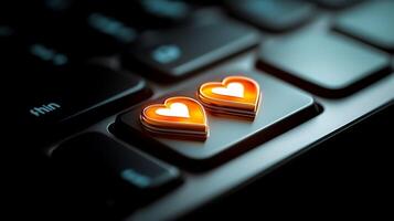 Close-up of two orange heart-shaped icons on a black keyboard, symbolizing love and connection photo