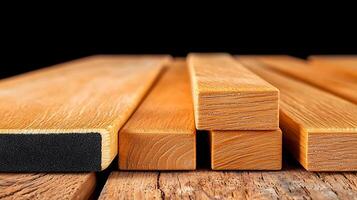 Close-up of various wooden planks arranged on a rustic surface with a dark background photo