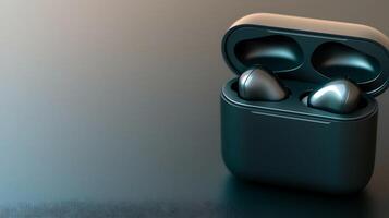 Close-up of wireless earbuds in a sleek charging case on a smooth surface, with soft lighting photo