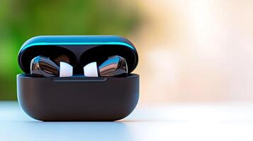Close-up of wireless earbuds in a sleek case, set against a blurred, vibrant background photo