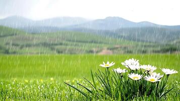 Close-up of white daisies in a lush green field during a gentle rain, with mountains in the background photo