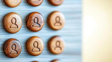 Close-up of wooden buttons with user icons on a sleek surface, emphasizing modern design aesthetics photo