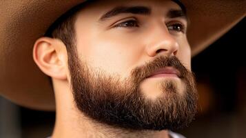 Close-up portrait of a man with a hat, showcasing his facial features and beard in a rustic setting photo