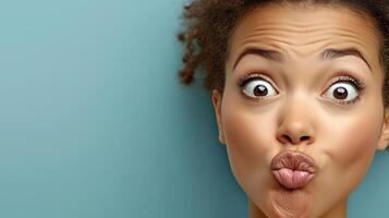 Close-up portrait of a surprised woman making a funny face against a light blue background photo