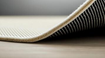 Close-up view of a curled rug showcasing its texture and pattern against a blurred background photo