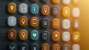 Close-up view of a collection of colorful app icons arranged in a grid on a textured surface photo
