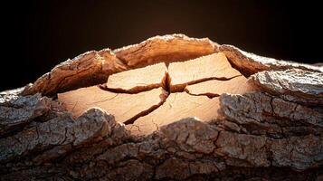 Close-up view of a cracked wooden log showcasing natural textures and patterns in a dark setting photo