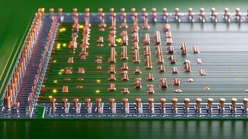 Close-up view of a circuit board with copper components and illuminated elements on a green background photo