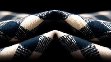 Close-up view of a folded checkered fabric showcasing intricate patterns against a dark background photo