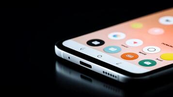 Close-up view of a modern smartphone displaying colorful app icons on a sleek surface photo