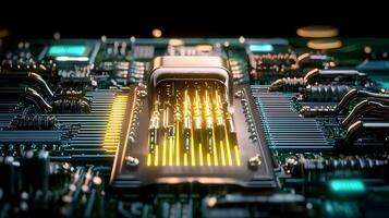 Close-up view of a futuristic circuit board with glowing elements and intricate details photo