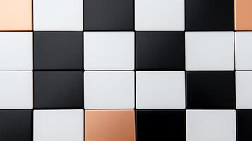 Close-up view of a modern checkerboard tile arrangement featuring black, white, and copper tiles photo