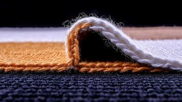 Close-up view of a folded textile showcasing vibrant colors and textures against a dark background photo