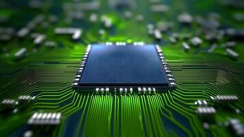 Close-up view of a microchip on a green circuit board with intricate electronic connections photo
