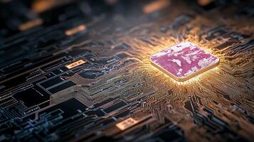 Close-up view of a glowing microchip on a circuit board, showcasing intricate electronic pathways photo