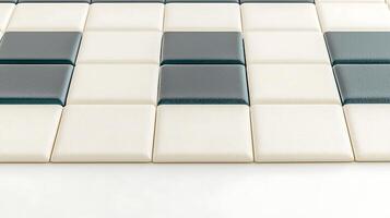 Close-up view of a modern tiled surface featuring alternating black and white tiles in a geometric pattern photo