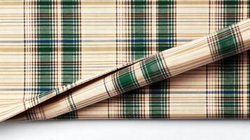 Close-up view of a folded plaid fabric showcasing intricate patterns and colors photo