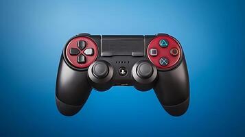 Close-up view of a modern gaming controller on a smooth blue background, showcasing its design photo