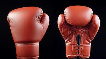 Close-up view of a pair of red boxing gloves showcasing intricate stitching and design details photo