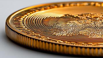 Close-up view of a shiny gold coin showcasing intricate designs and textures photo