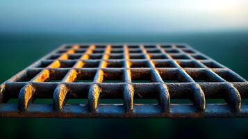 Close-up view of a textured metal grid with sunlight highlighting its surface against a blurred background photo