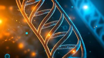 Close-up view of a vibrant DNA double helix model with glowing elements and molecular structures photo