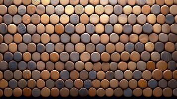 Close-up view of a textured wooden wall made of hexagonal blocks arranged in a pattern photo
