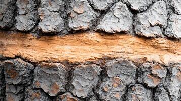 Close-up view of a textured tree bark showing a distinct orange groove, highlighting nature's details photo