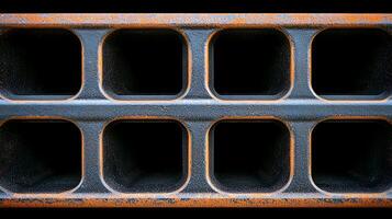 Close-up view of a weathered metal grid with rust, showcasing its texture and structure photo