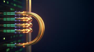 Close-up view of glowing data cables connecting to a server in a dark, high-tech environment photo